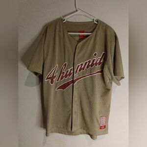 Beige Mesh Button-Up Jersey with Script Chest Logo